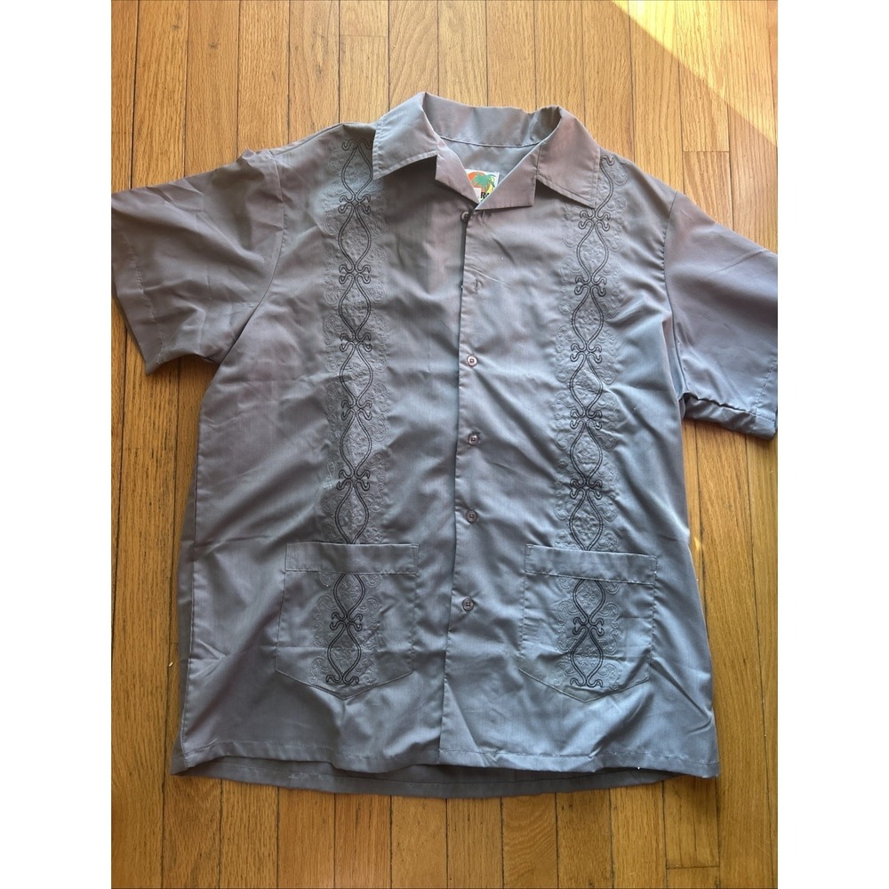 Vintage HABAND Guayabera Shirt Men's Medium Grey Cuban Mexican Embroidered